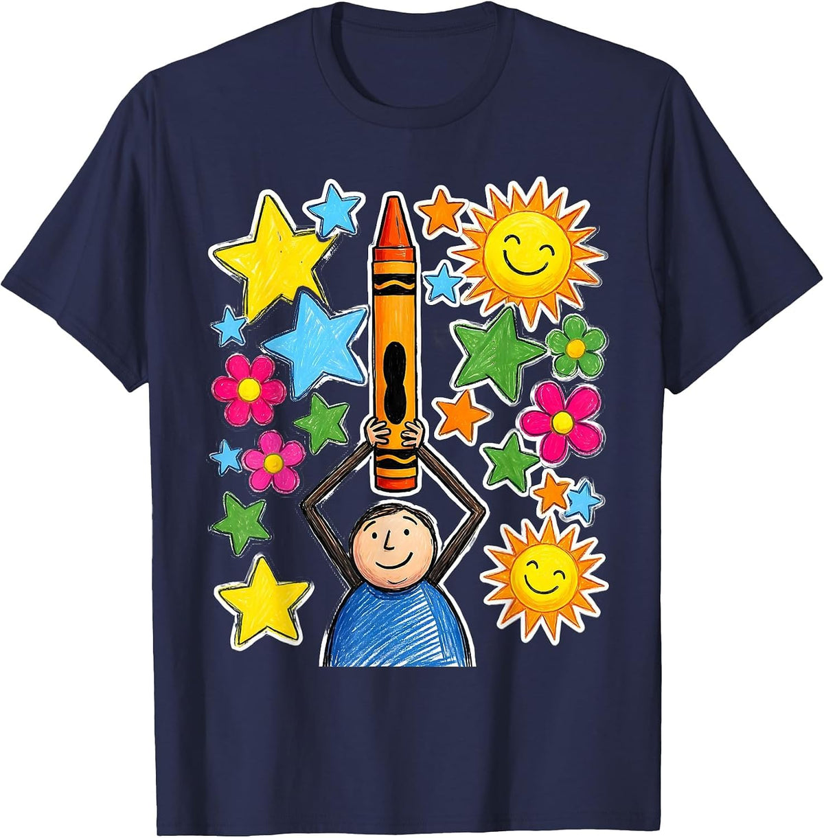 Men's Kindergarten Teacher Crayon Trophy Illustration T-Shirt - Navy Blue