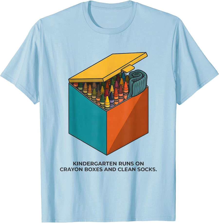 Men's Kindergarten Runs On Crayon Boxes And Clean Socks Teacher T-Shirt - Baby Blue