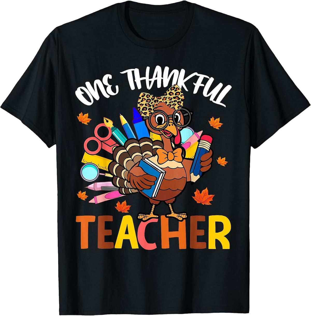 One Thankful Teacher Thanksgiving Turkey Cute Crayon Pencil T-Shirt - Black