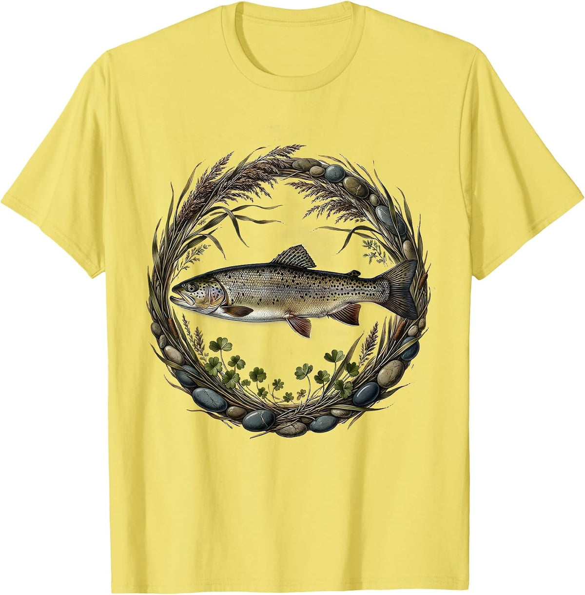 Men's Trout Swimming Upstream Rocky Waterfall Design T-Shirt - Lemon Yellow