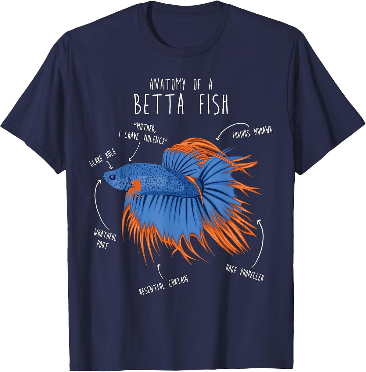 Betta Fish Siamese Fighting Fish Anatomy, Funny Aquarium Pet T-Shirt - Navy Blue