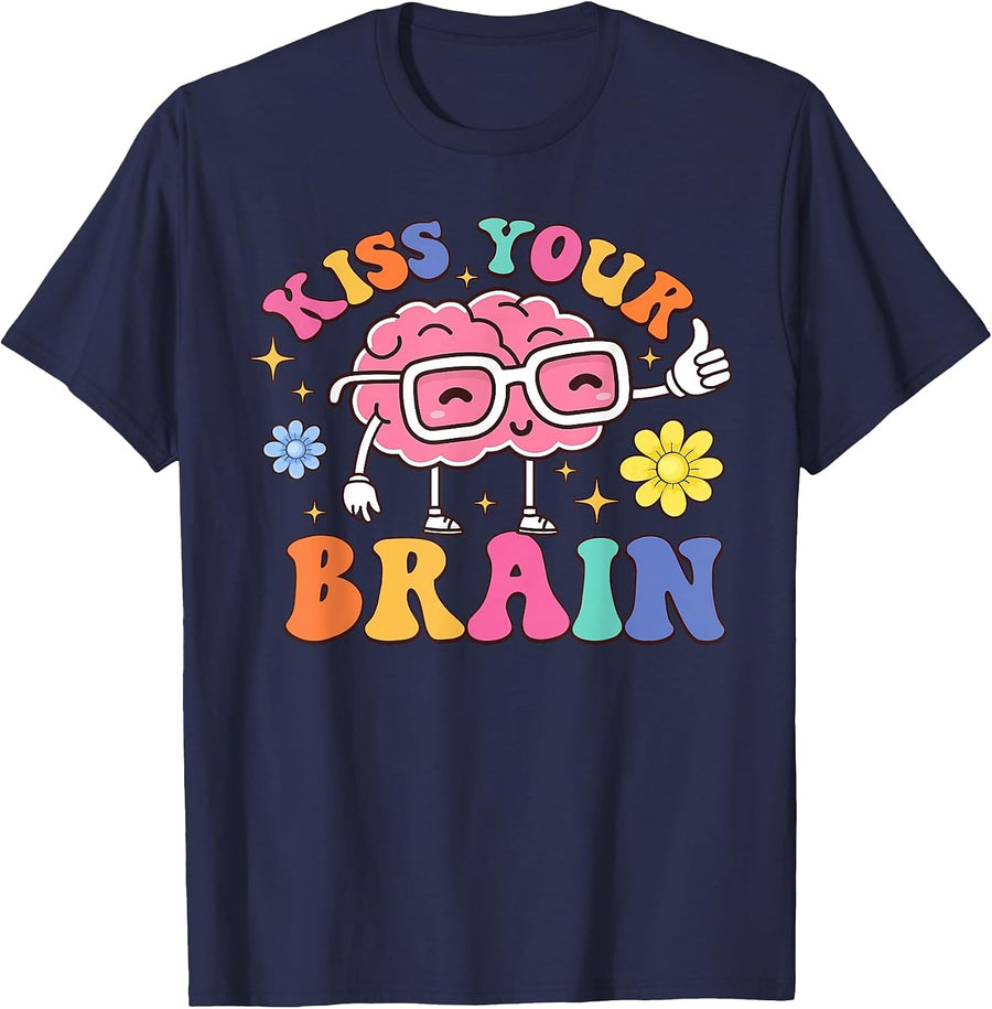 Kiss Your Brain Cute Teacher Appreciation Back to School T-Shirt - Navy Blue