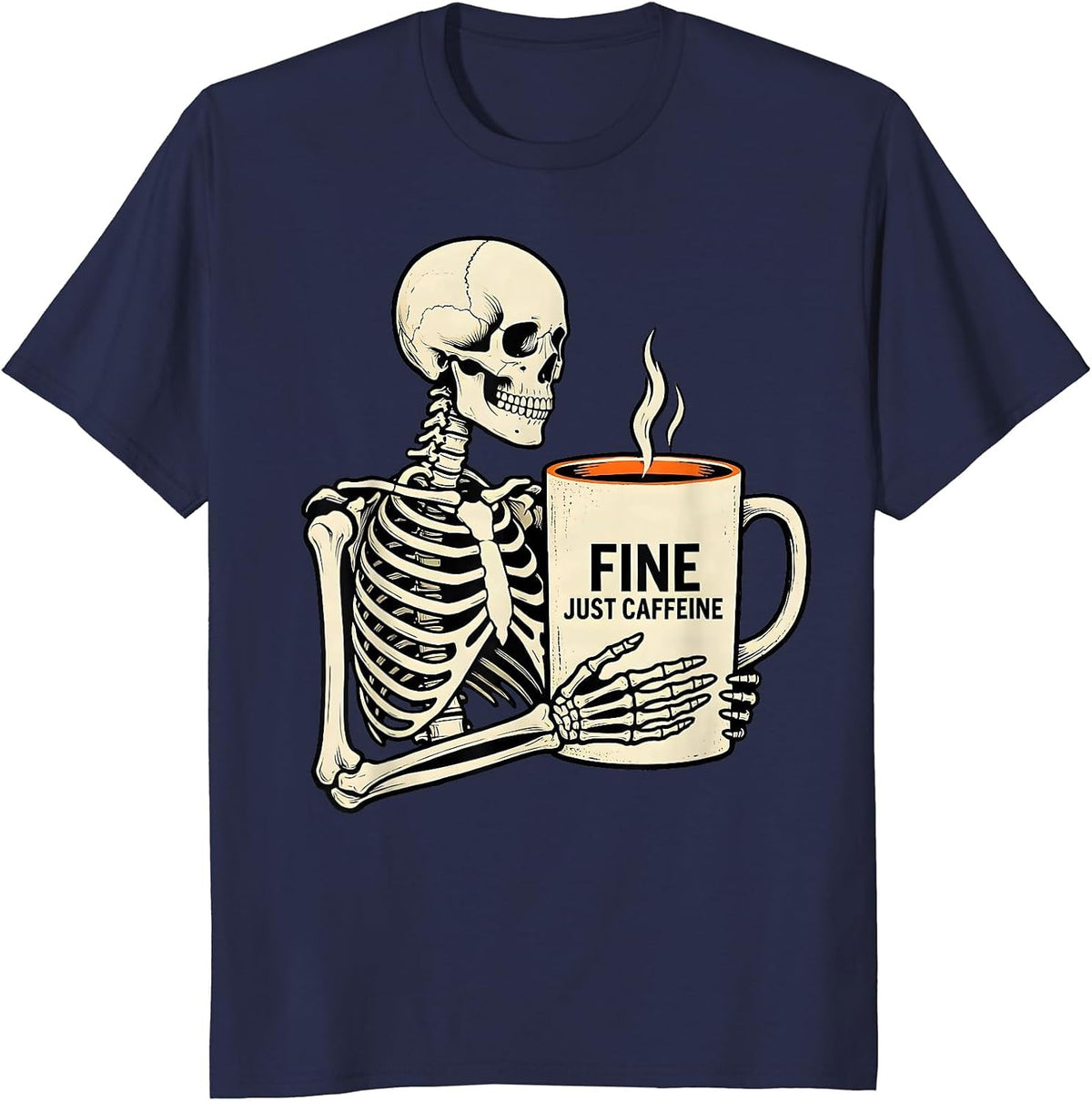 Fine, Just Caffeine Whimsical Dry Humor Halloween Skeleton T-Shirt - Navy Blue