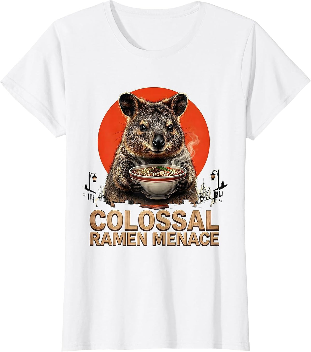 Women's Colossal Ramen Menace Funny Japanese Kaiju Kawaii Animal T-Shirt - White