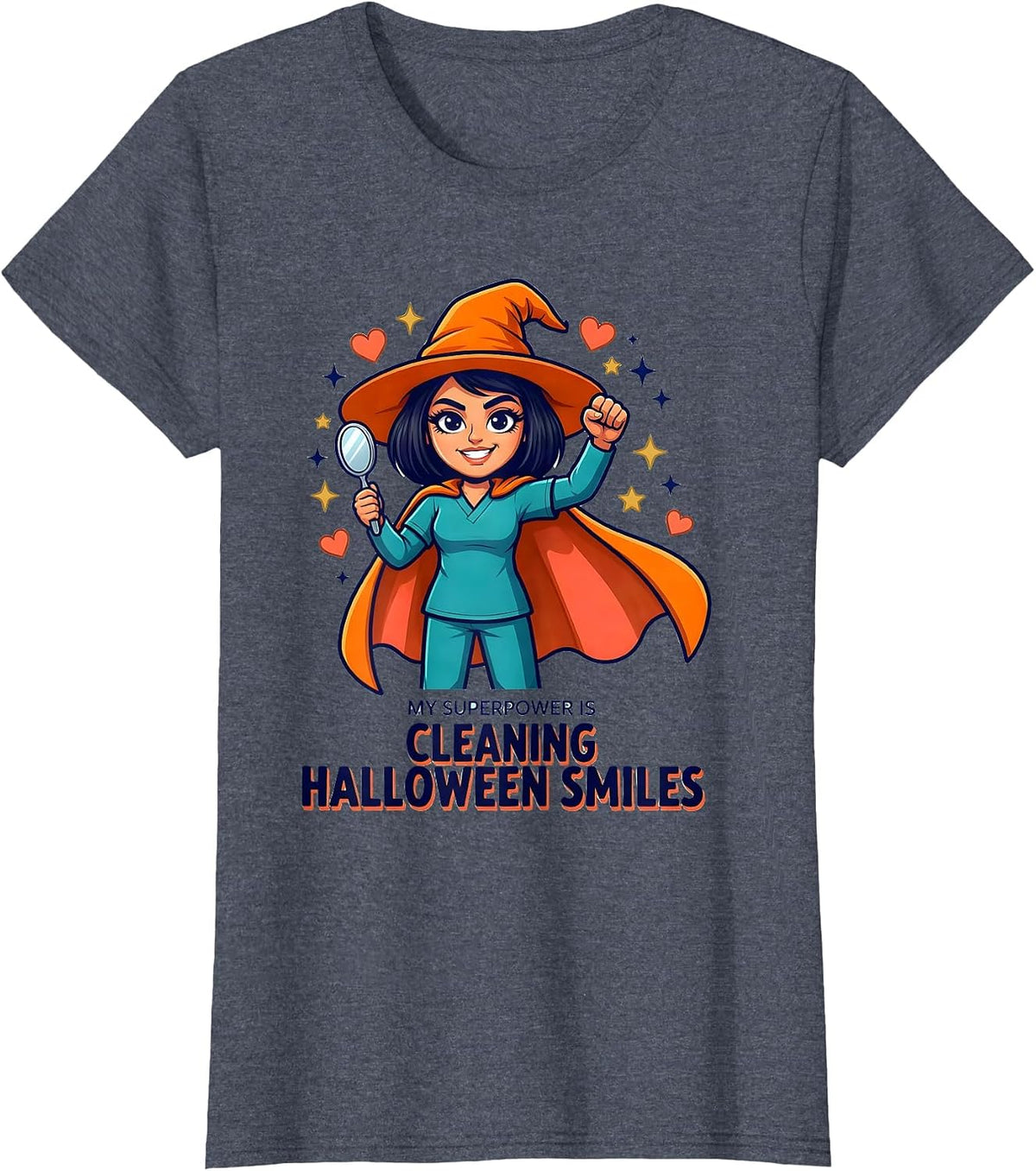 Women's MY SUPERPOWER IS CLEANING HALLOWEEN SMILES Dental Hygienist T-Shirt - Heather Blue