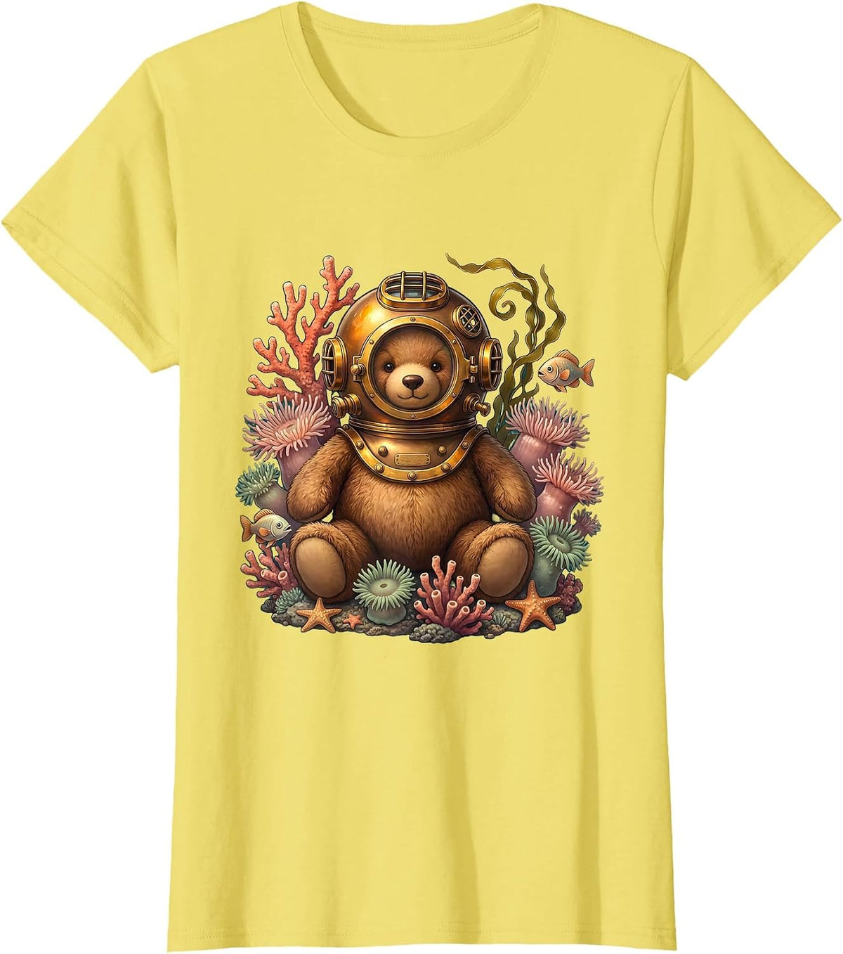 Teddy Bear Deep Sea Diver With Fish and Coral T-Shirt - Lemon Yellow
