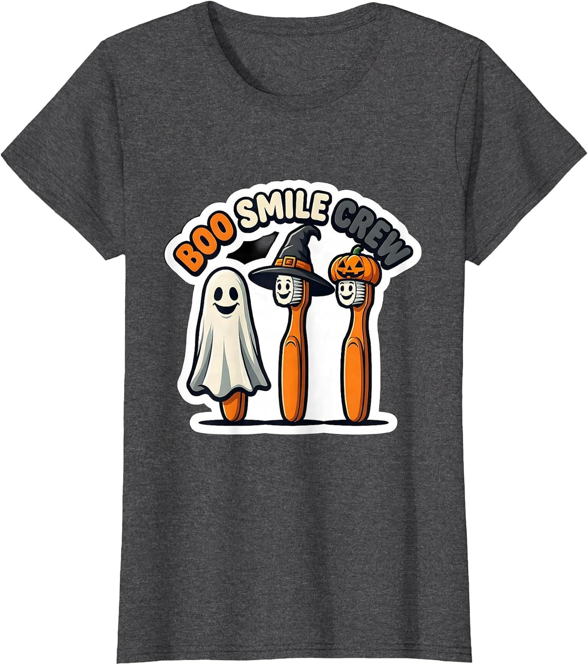 Women's Boo Smile Crew Halloween Dentist Dental Costume Humor T-Shirt - Dark Heather Grey