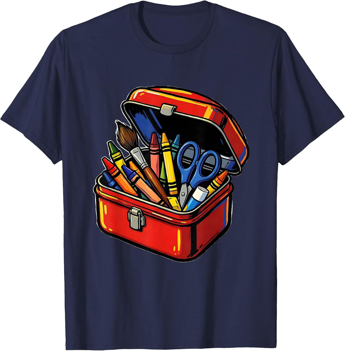 Kindergarten Teacher Lunchbox Art Supplies Graphic T-Shirt - Navy Blue