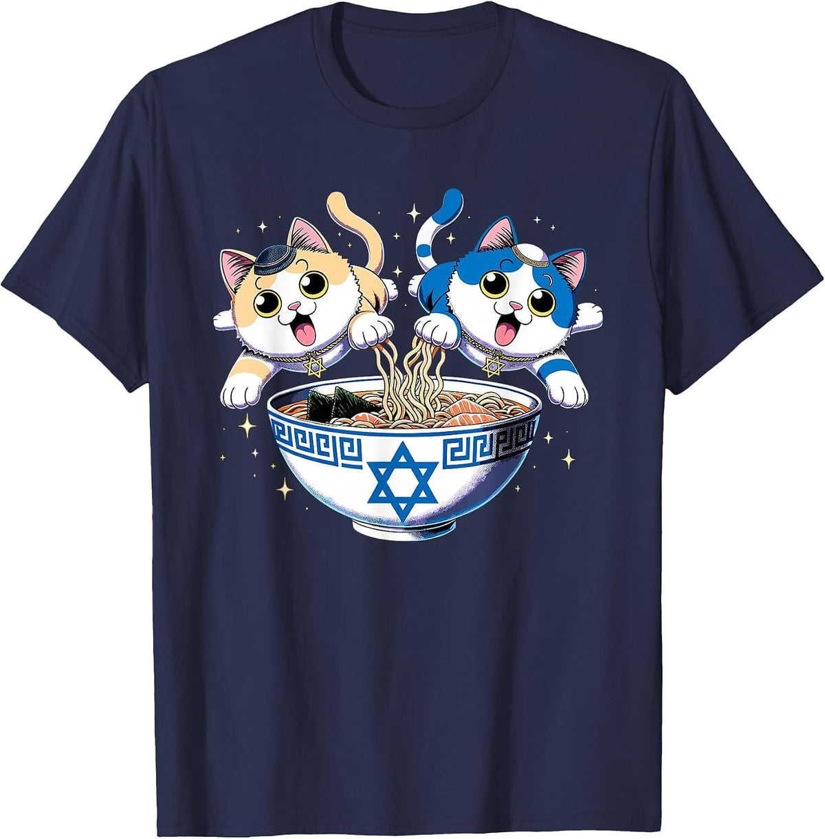 Jewish Cats Ramen Kitten Anime Hanukkah Pajamas Chanukah PJs T-Shirt - Navy Blue
