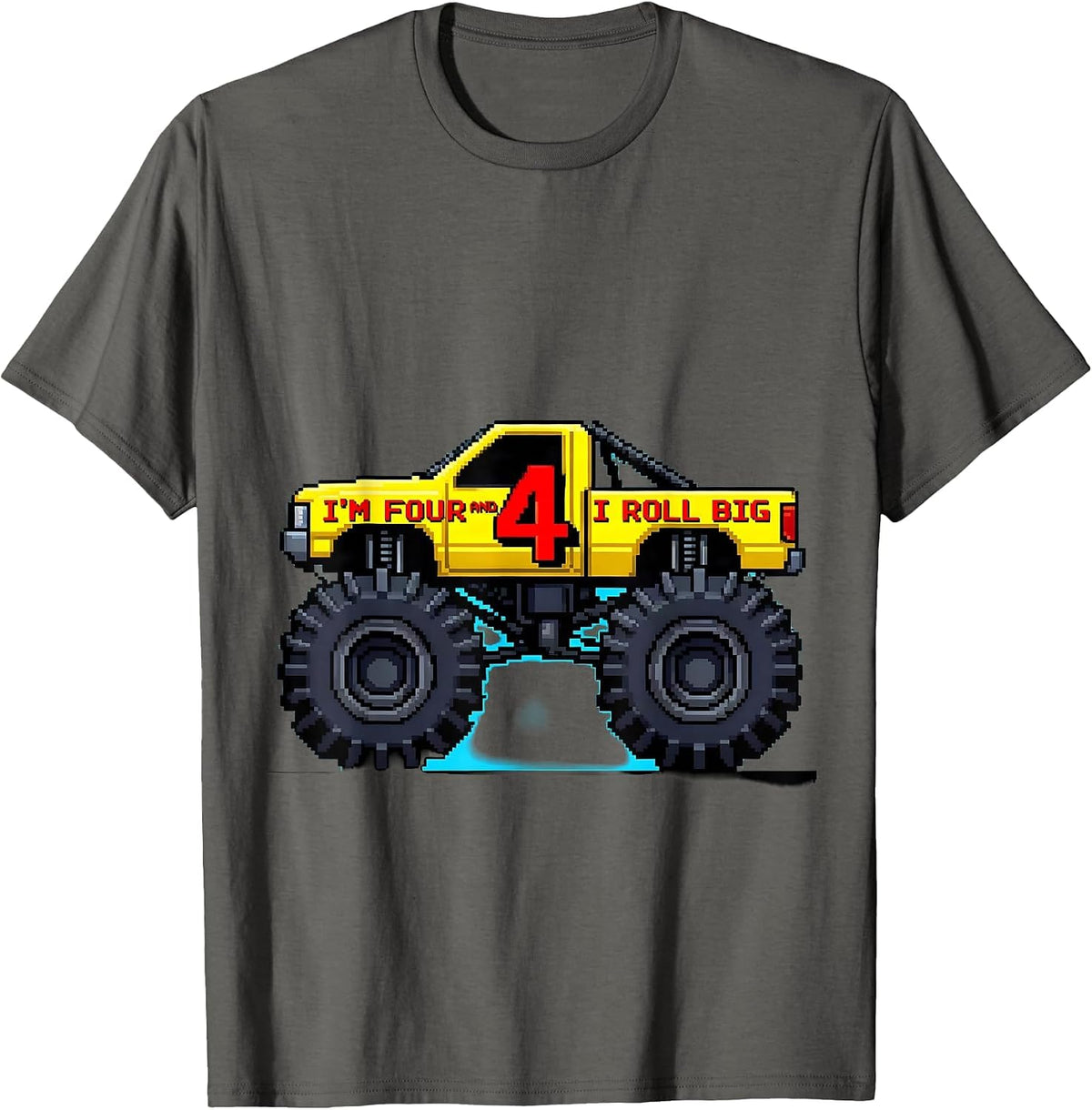 Men's I'm Four and I Roll Big Pixel Art Monster Truck Birthday Boy T-Shirt - Asphalt Grey