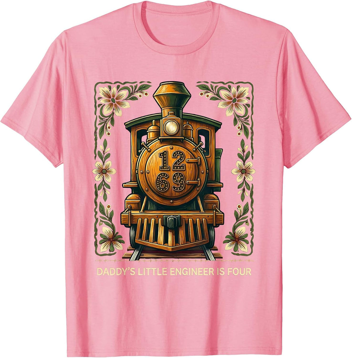Men's Daddy's Little Engineer Is Four Folk Art Train Birthday T-Shirt - Pink