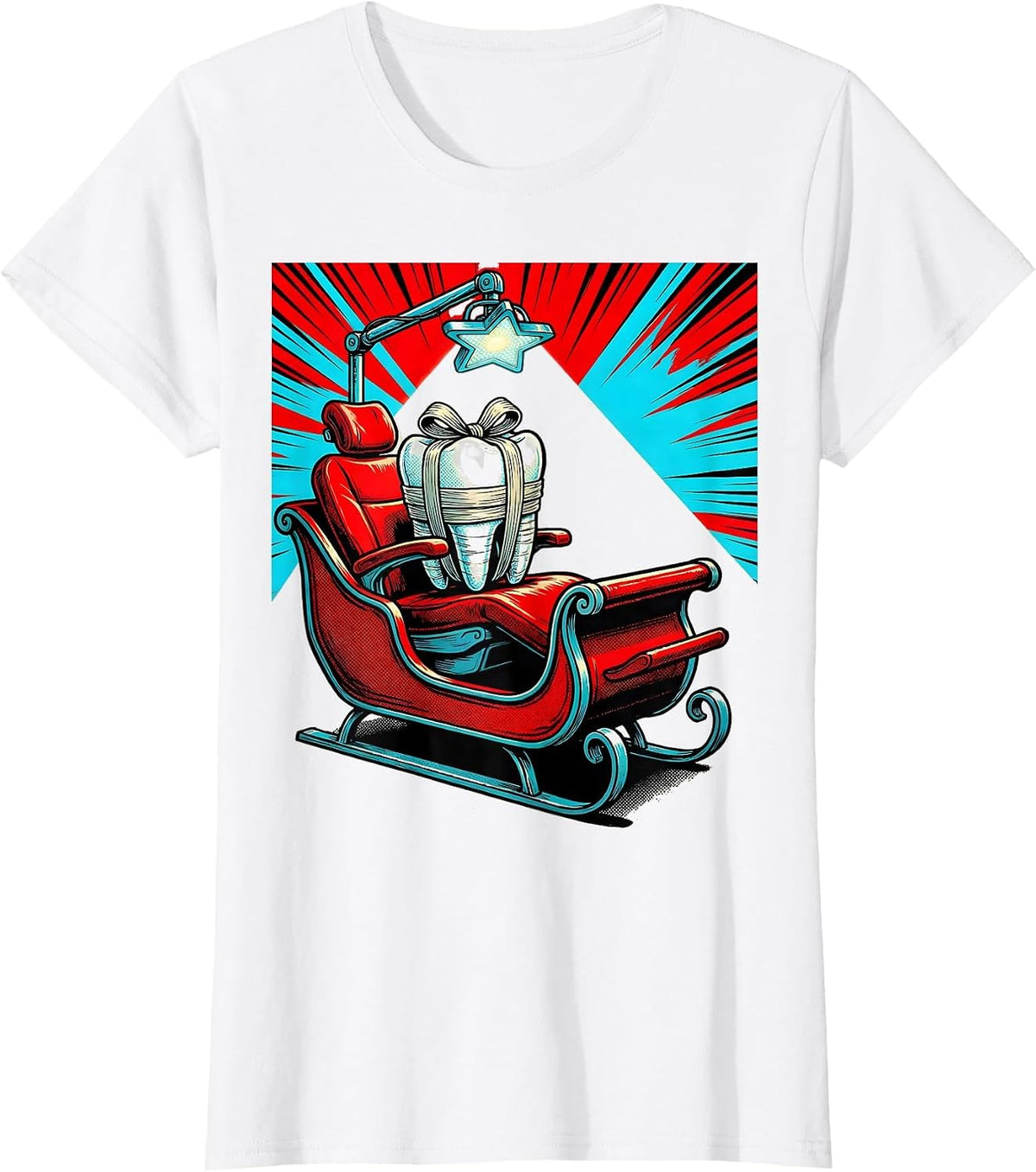 Dental Chair Santa Sleigh Pop Art Dentist Christmas T-Shirt - White