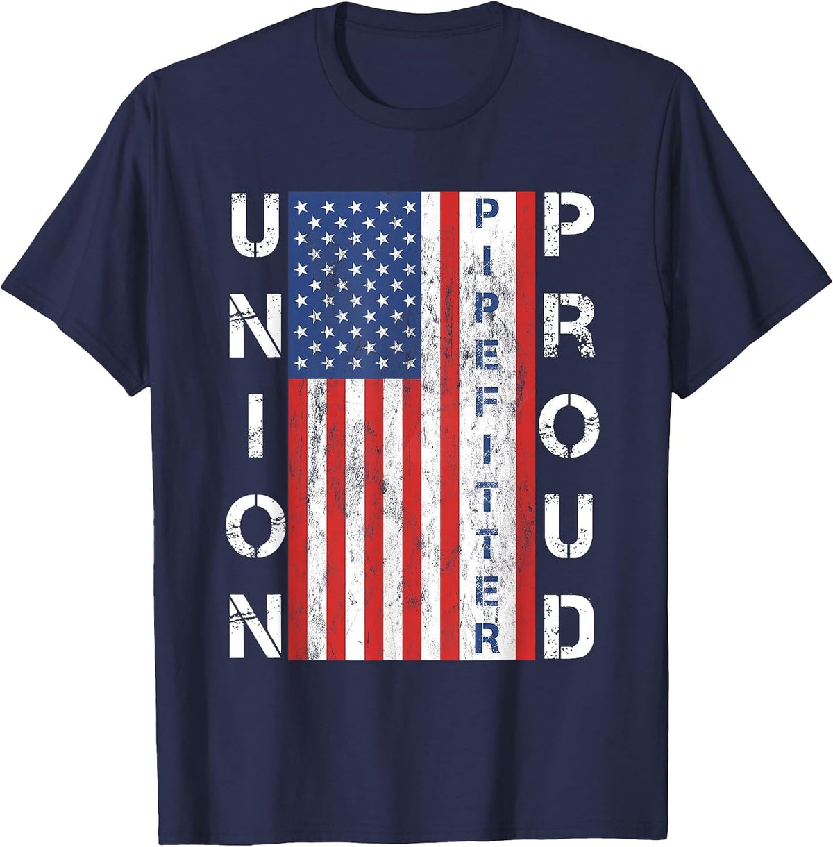Union Proud American Flag Pipefitter T-Shirt - Navy Blue
