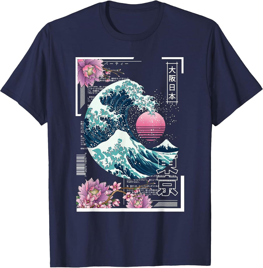 Vaporwave Synthwave 80's Japan Japanese Great Wave Tokyo 80s T-Shirt - Navy Blue