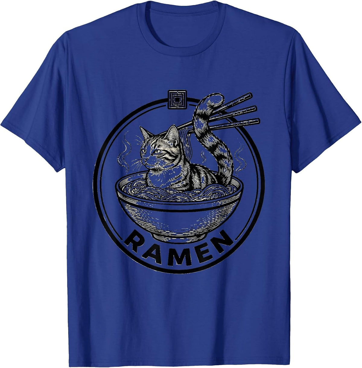 Ramen Cat Badge Kawaii Anime Funny Graphic T-Shirt - Royal Blue