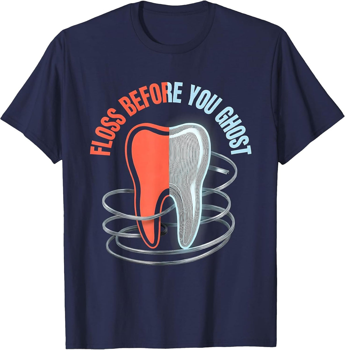 Men's Floss Before You Ghost Dental Halloween Design T-Shirt - Navy Blue