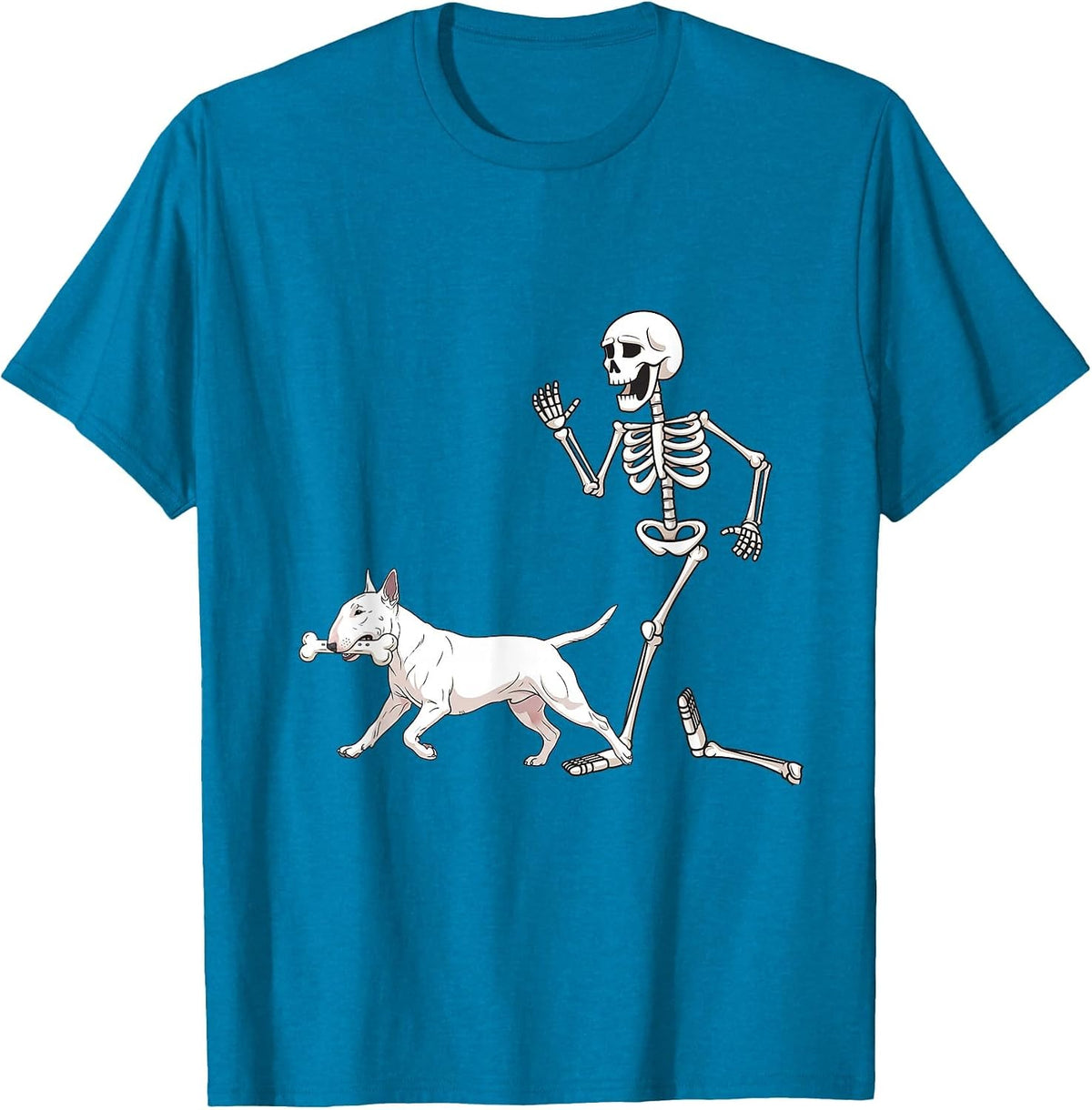 Funny Halloween Bull Terrier and Skeleton T-Shirt - Sapphire Blue