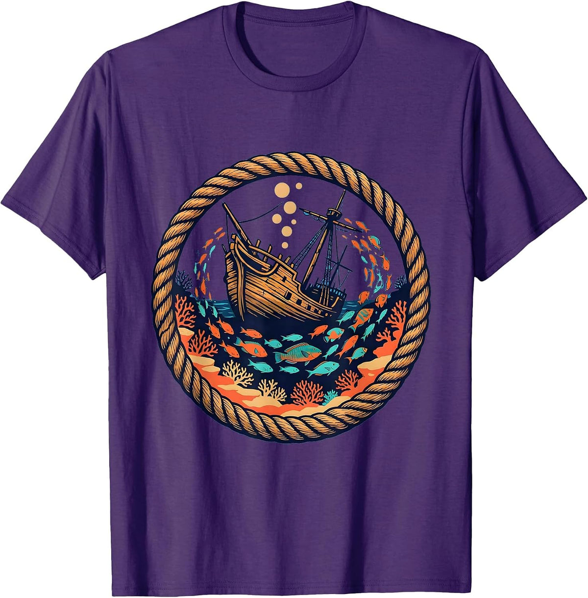 Tropical Fish Shipwreck Hawaiian Ocean Art T-Shirt - Purple
