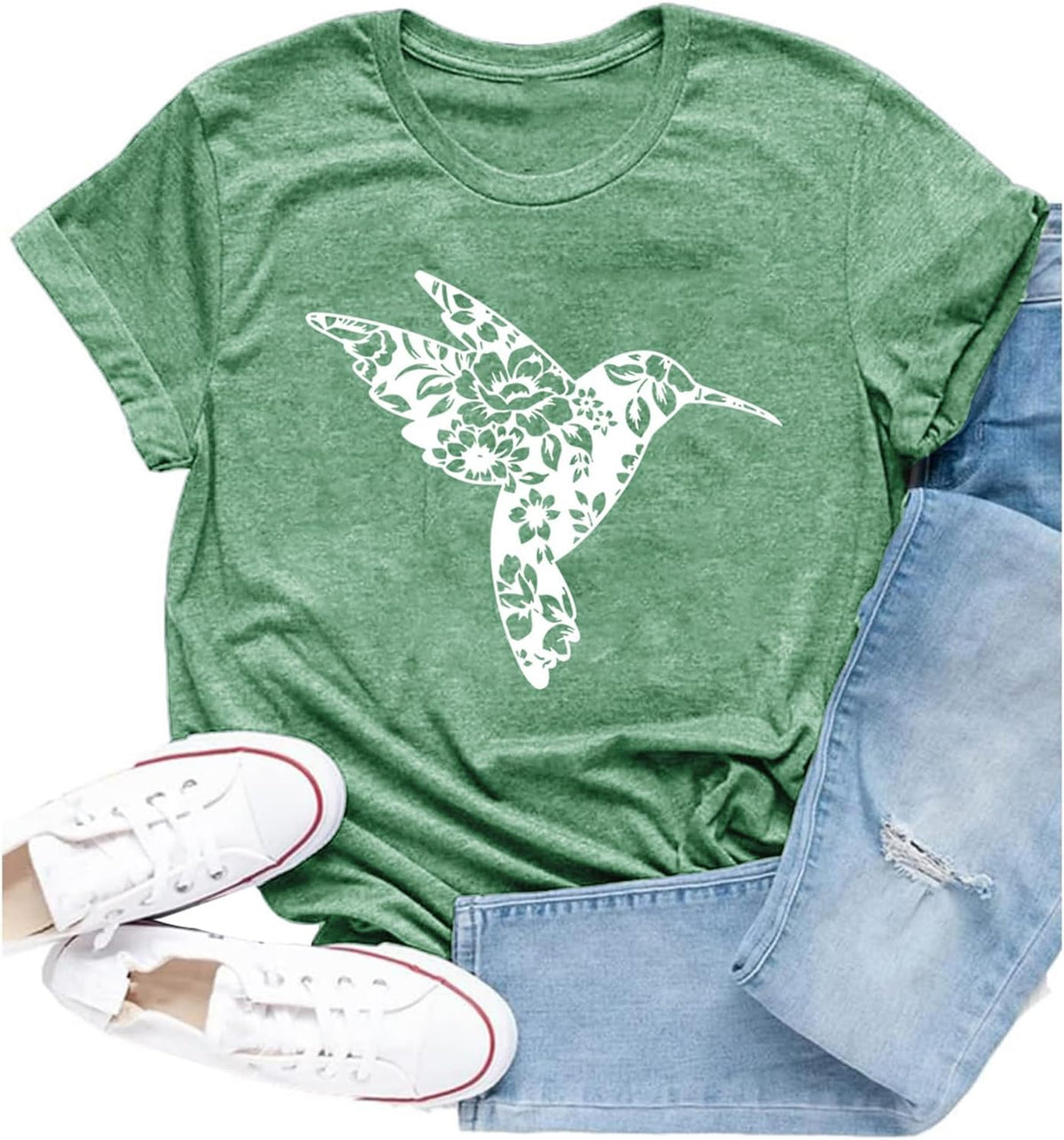 Women Hummingbird Shirt Funny Floral Bird Lover Birdwatching Tee - Green