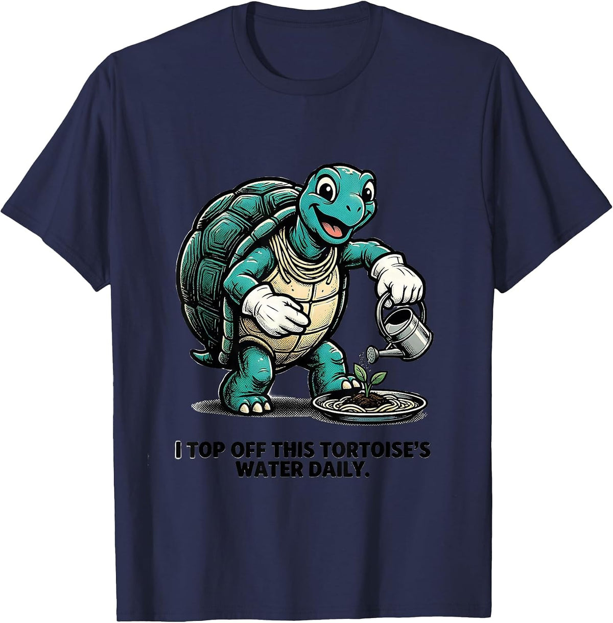 Men's I Top Off This Tortoise's Water Daily Retro Cartoon Turtle T-Shirt - Navy Blue