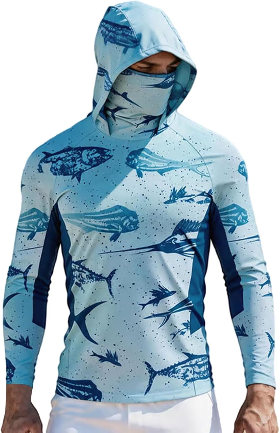 HJINGSUN Fishing Shirt with Hood for Men Fish Print Long Sleeve Shirt UPF 50+ UV Sun Protection SPF Tops for Workout Hiking