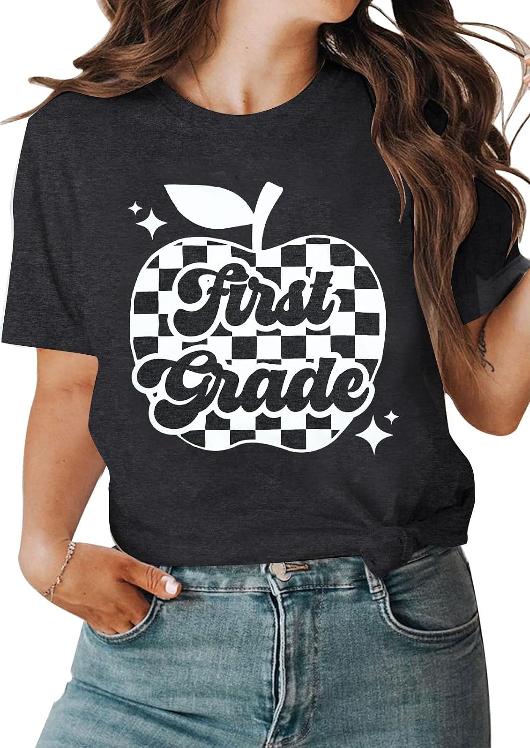 Teacher Shirts for Women First Grade Teacher Shirt Back to School Graphic Tees Casual Elementary Short Sleeve Tops - Grey