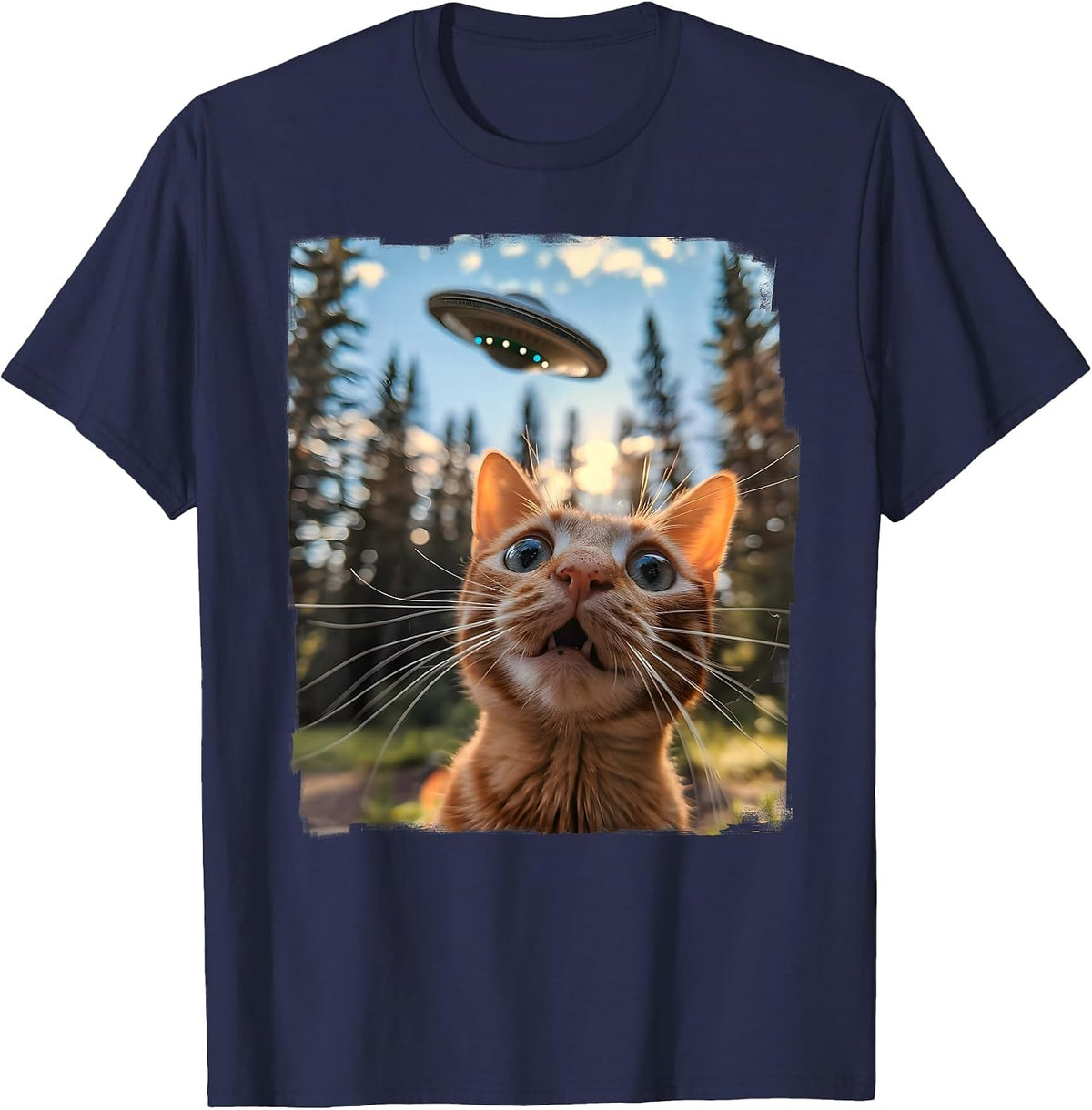 Extraterrestrial Encounter: Cat Selfie with Alien UFO T-Shirt - Navy Blue