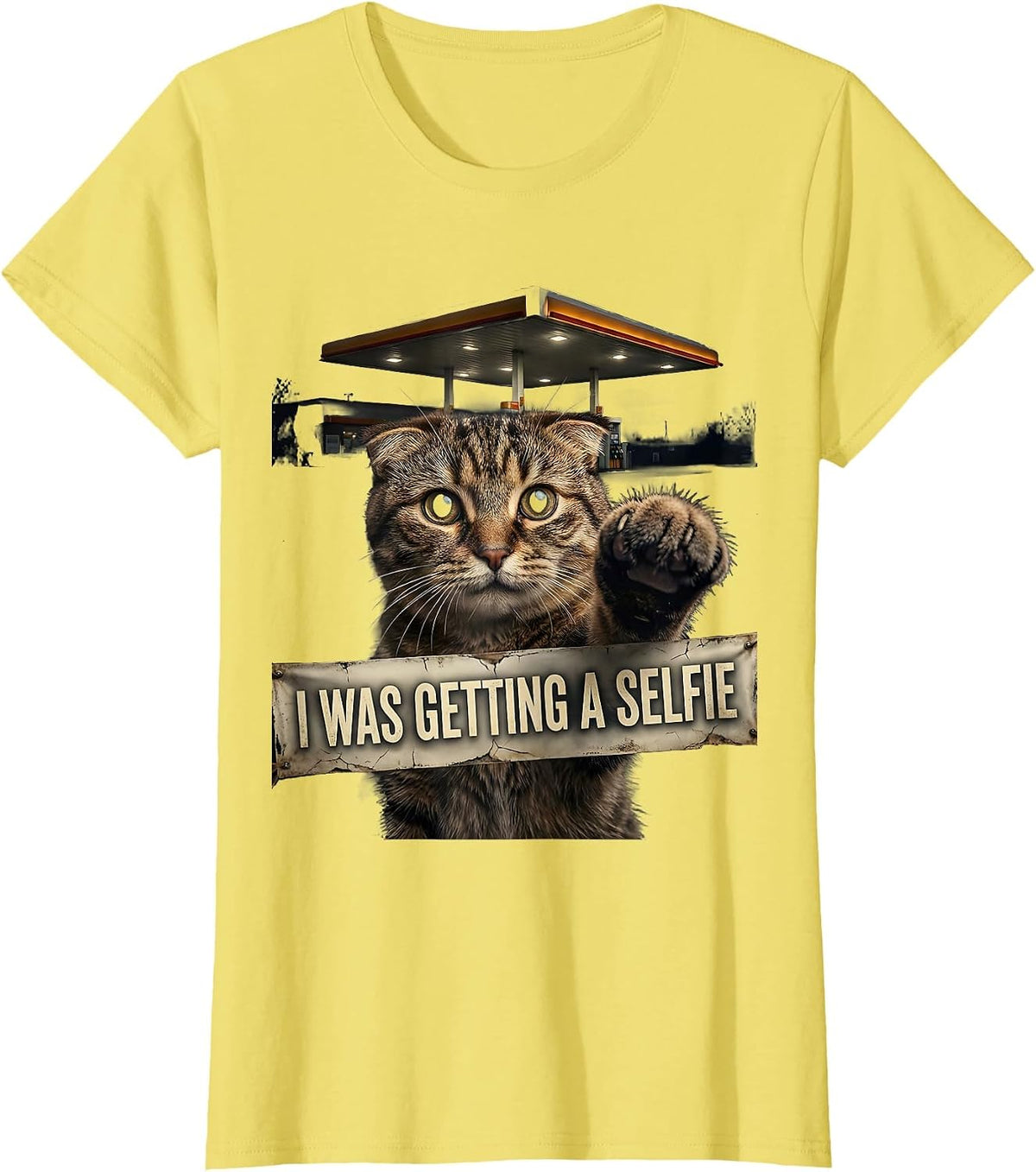 I Was Getting A Selfie Distressed Funny Cat Meme Gift T-Shirt - Lemon Yellow