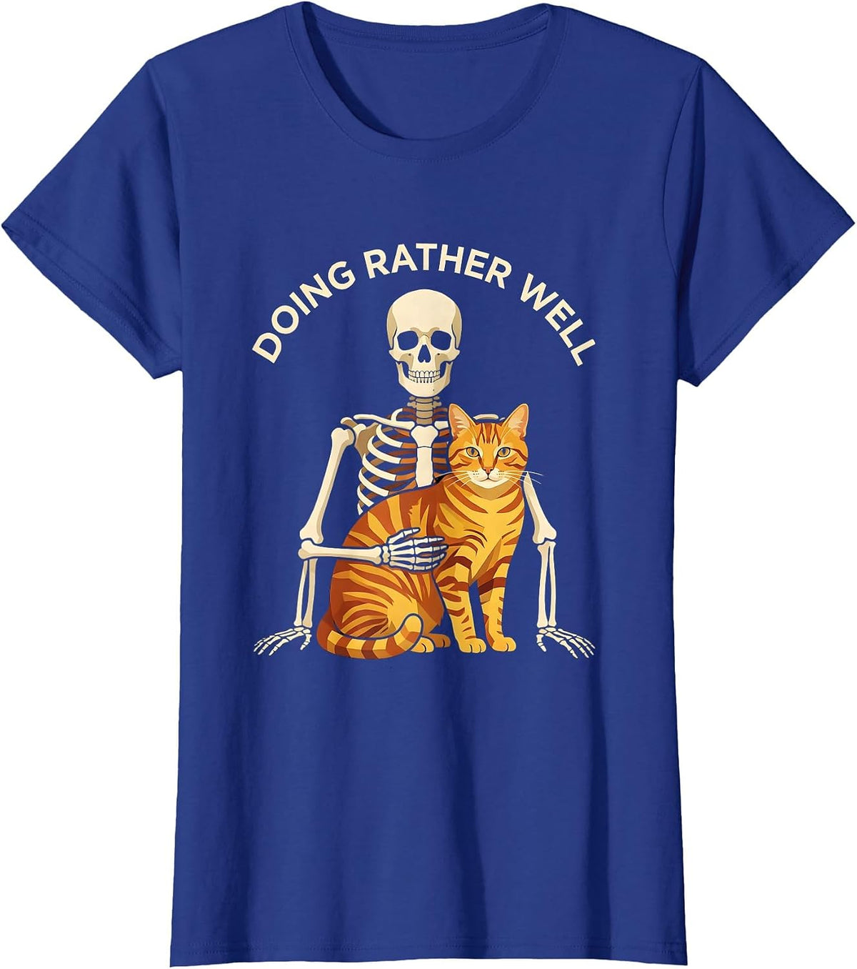 Women's Doing Rather Well Geometric Skeleton Hugging Cat Halloween T-Shirt - Royal Blue