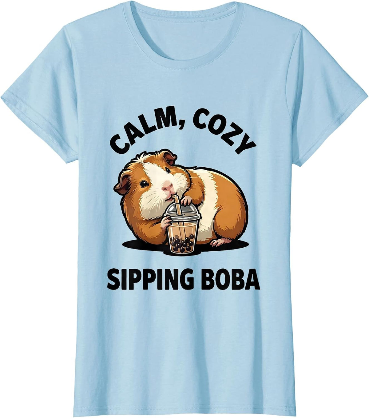 Women's Calm Cozy Sipping Boba Cute Kawaii Guinea Pig Anime Girl T-Shirt - Baby Blue