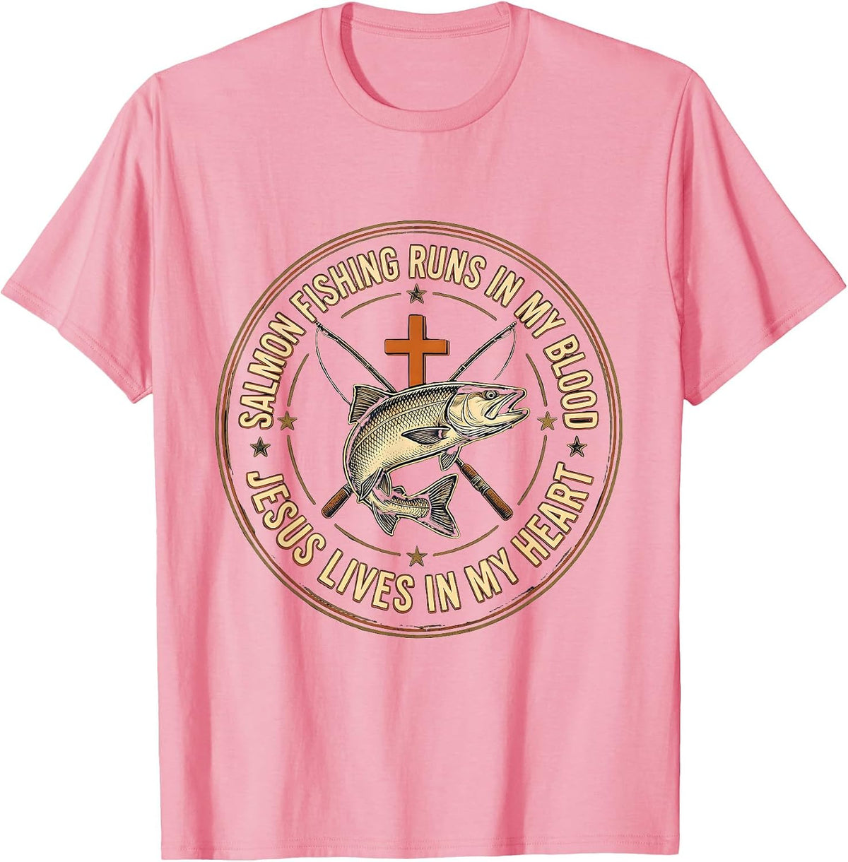 Men's Salmon Fishing Runs In My Blood, Jesus Lives In My Heart T-Shirt - Pink