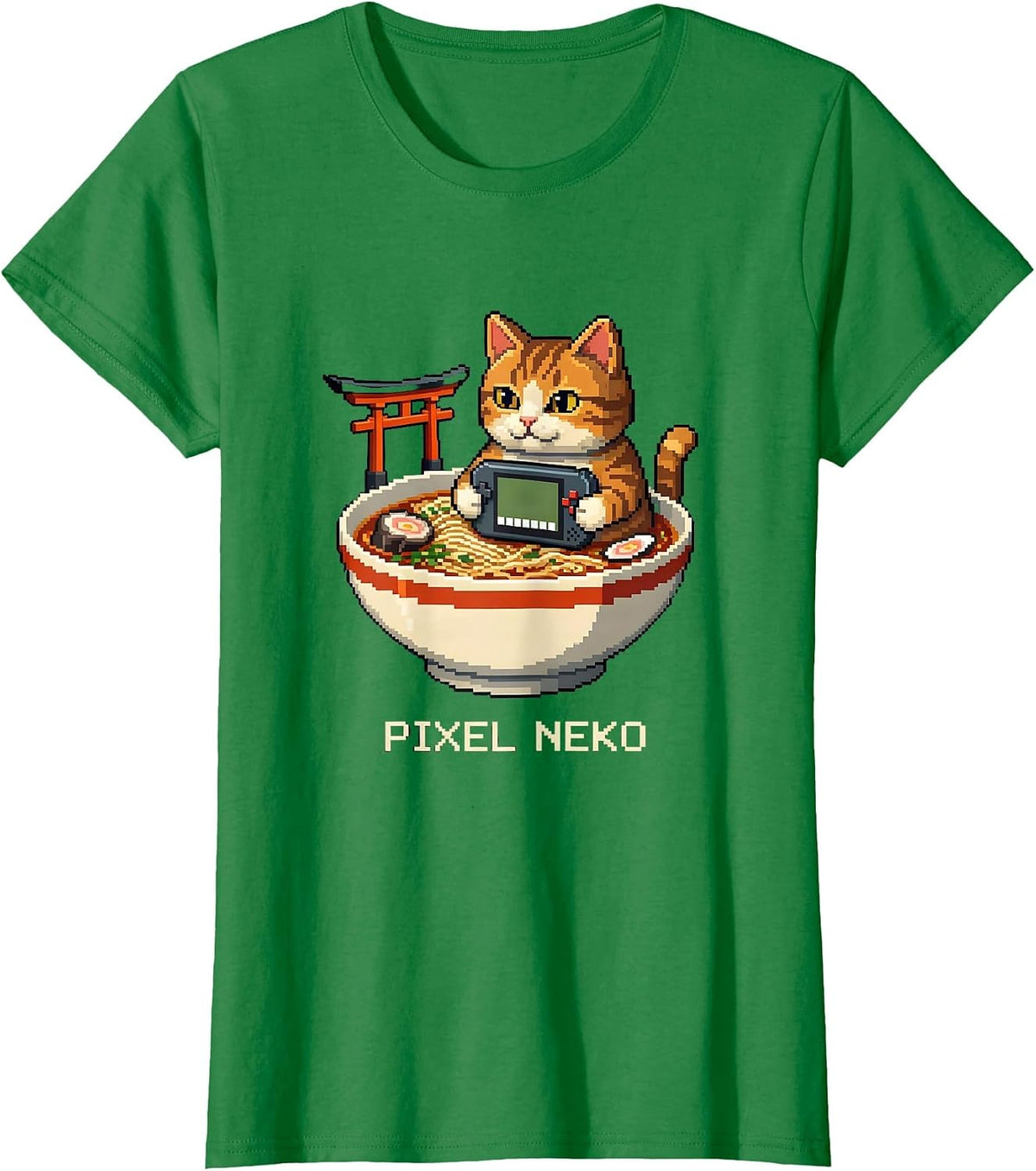 Women's Pixel Neko Funny Anime Cat Gaming Kawaii Japanese Art T-Shirt - Kelly Green