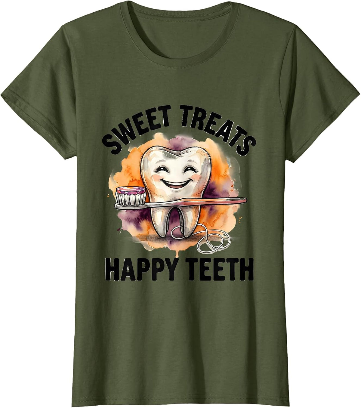 Women's Sweet Treats Happy Teeth Watercolor Dental Humor Halloween T-Shirt - Olive Green