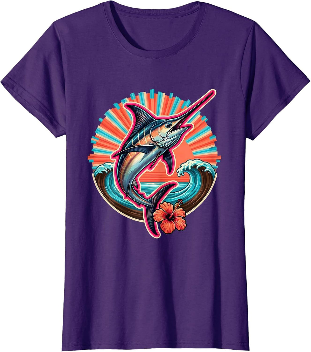 Women's Marlin Jumping at Sunrise Ocean Graphic T-Shirt - Purple