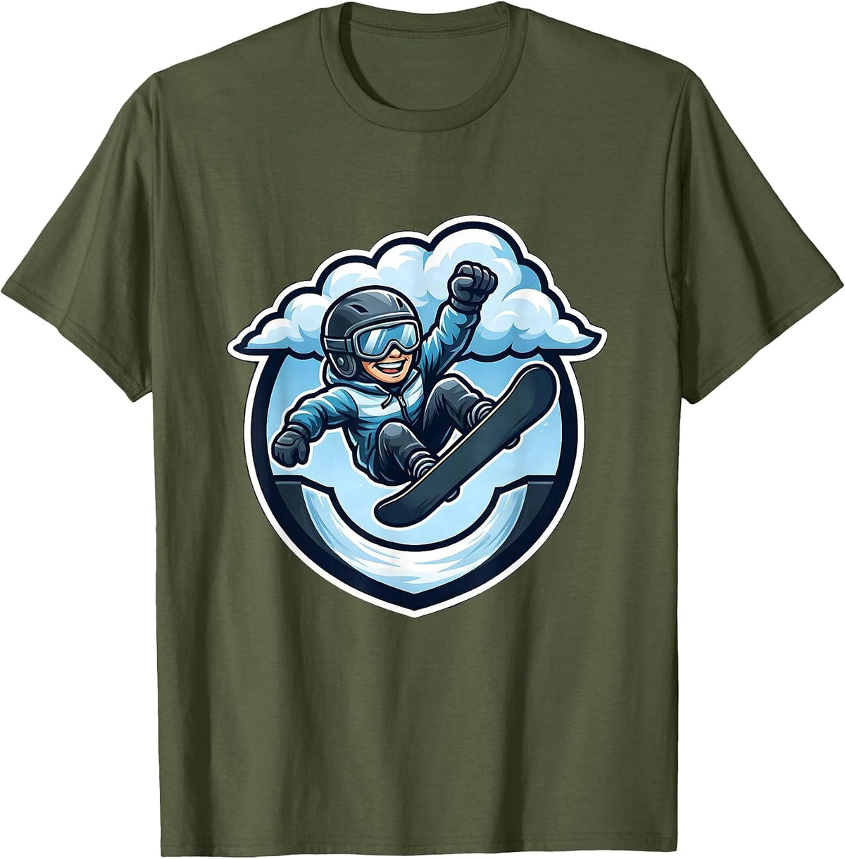 Snowboarder Halfpipe Launch Into The Clouds T-Shirt - Olive Green