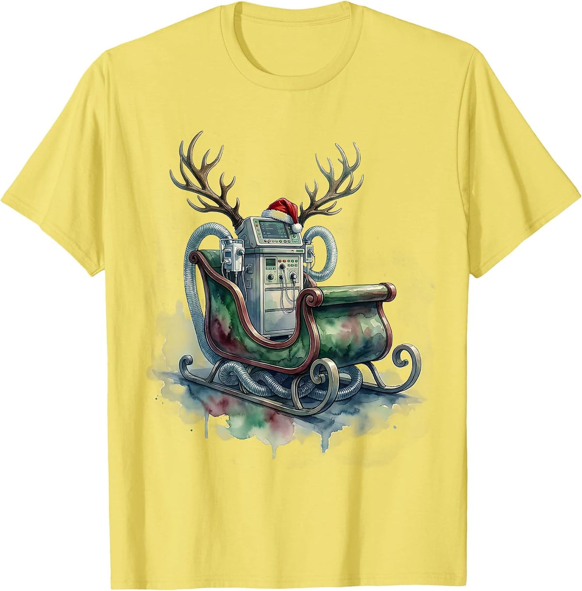 Men's Watercolor Ventilator Sleigh Christmas Respiratory Therapist T-Shirt - Lemon Yellow