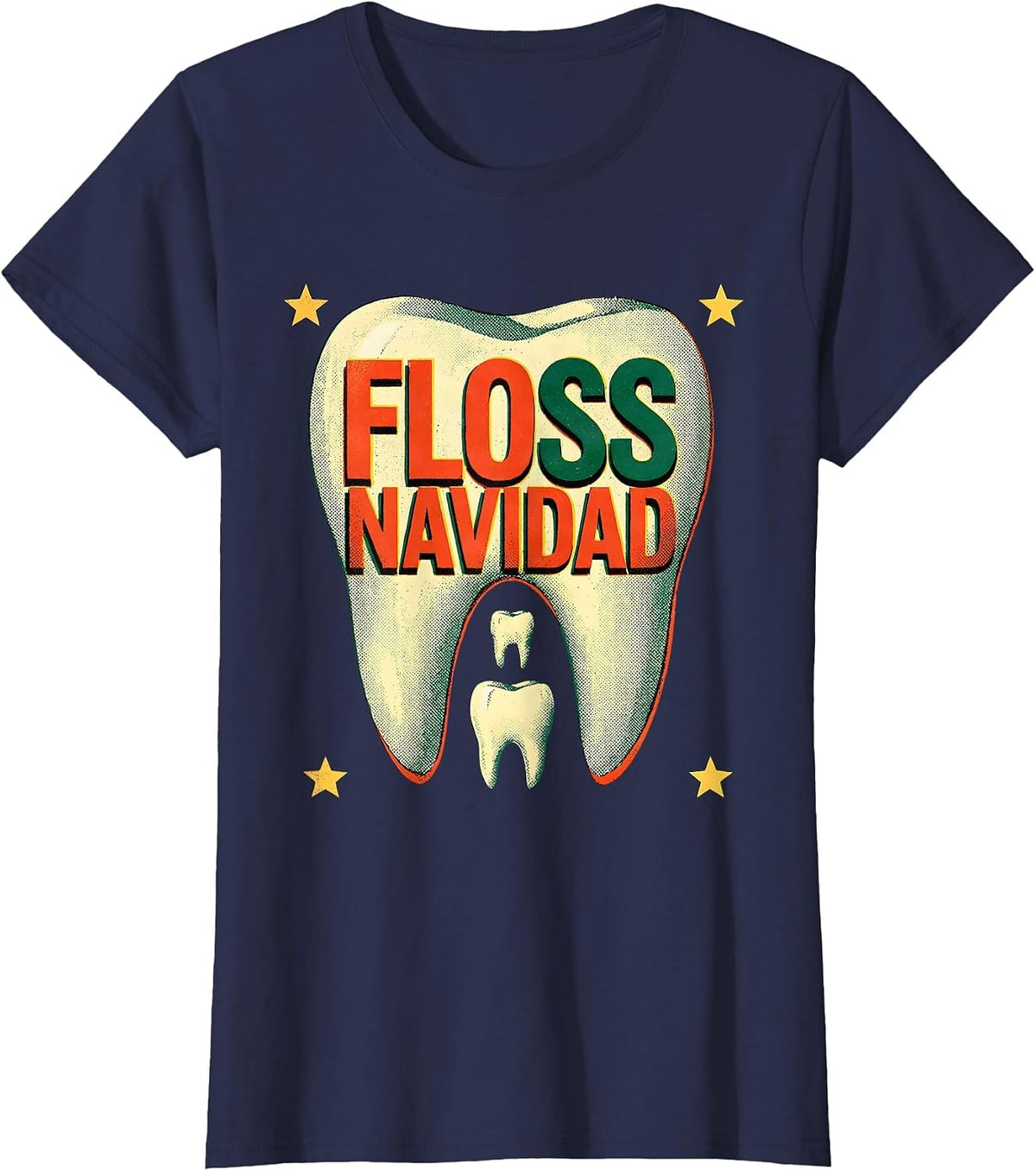 Women's Floss Navidad Risograph Funny Dental Christmas Dental Team T-Shirt - Navy Blue