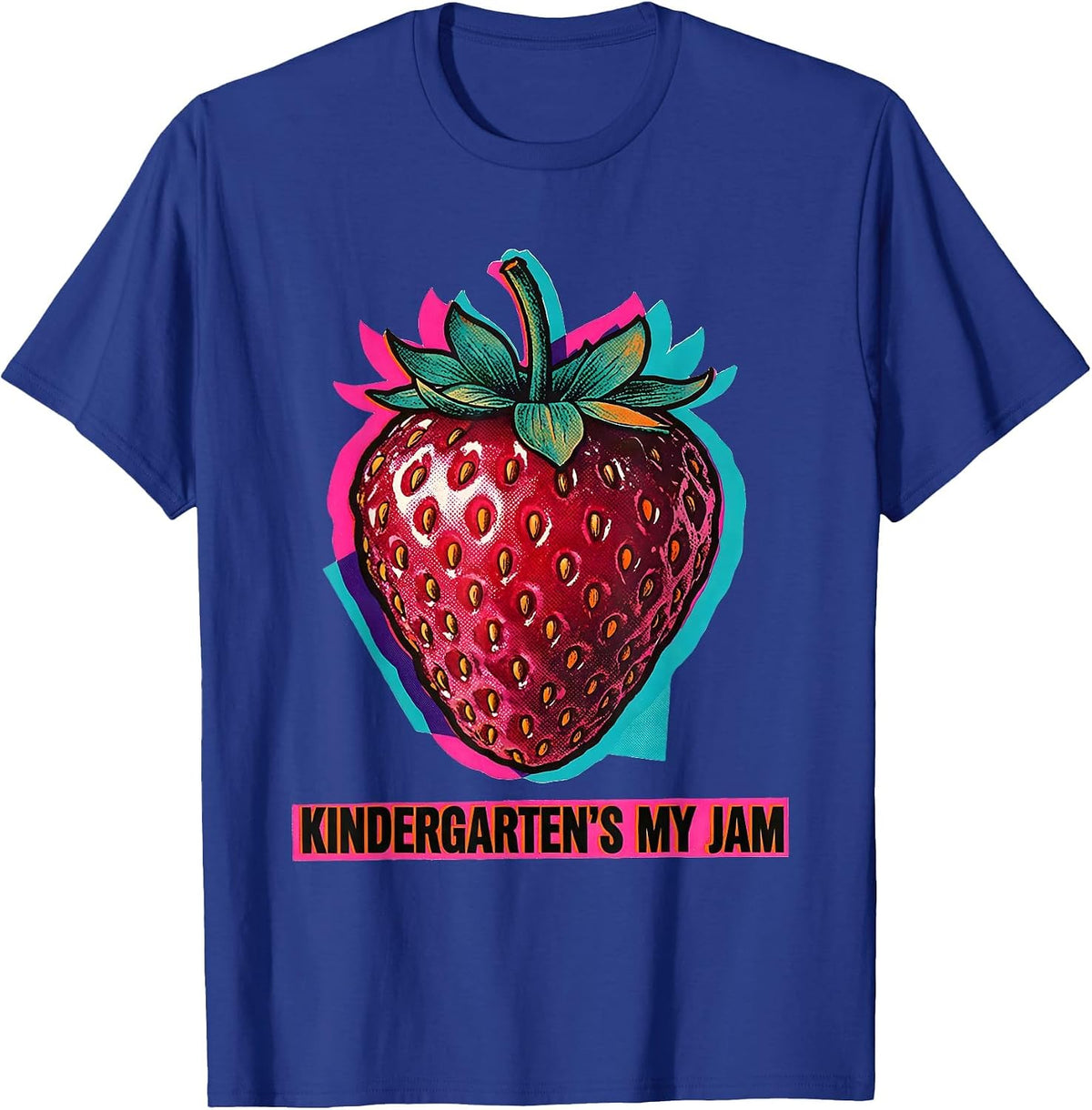 Kindergarten's My Jam Risograph Strawberry Teacher Back T-Shirt - Royal Blue