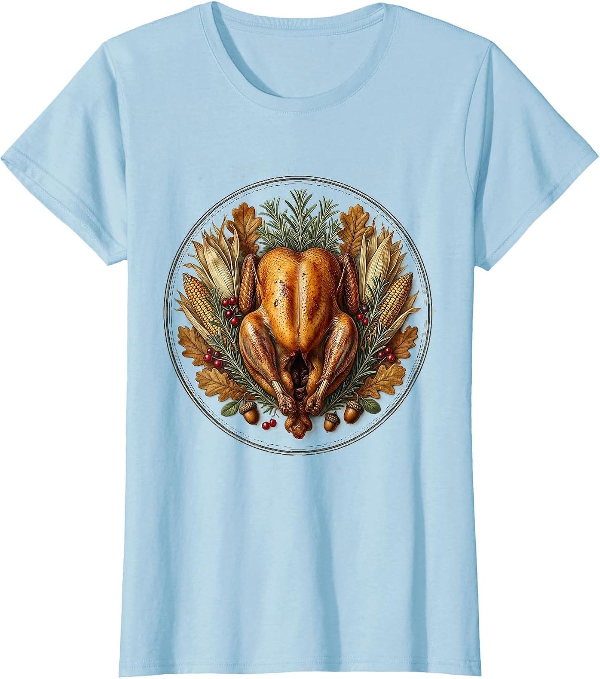 Women's Rustic Roasted Turkey Thanksgiving Illustration T-Shirt - Baby Blue