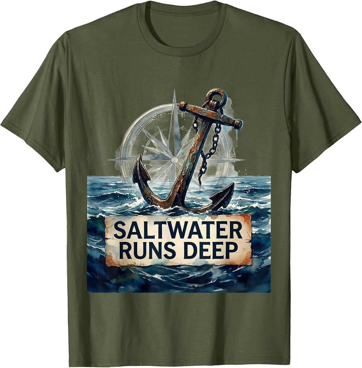 Saltwater Runs Deep Sailor Graphic Design T-Shirt - Olive Green