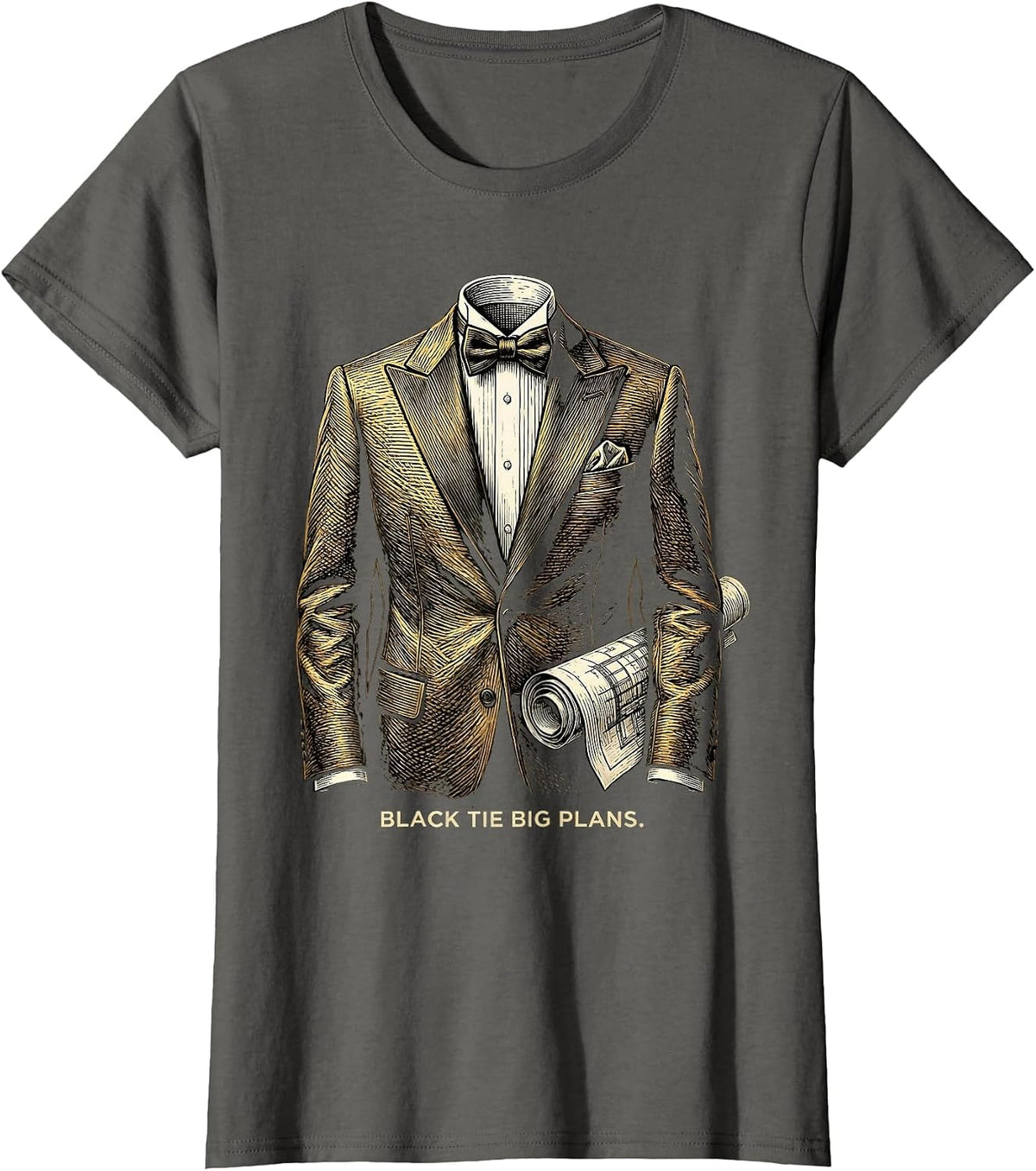 Women's Black Tie Big Plans Tuxedo Graphic Design T-Shirt - Asphalt Grey