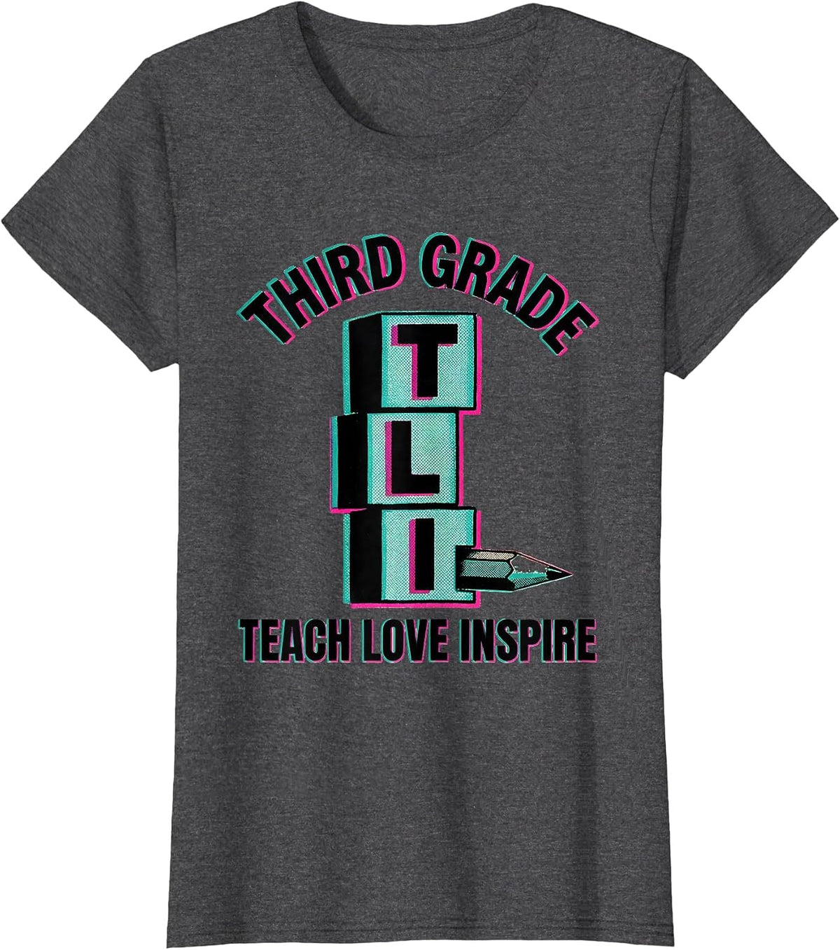 Women's Third Grade Teach Love Inspire Retro Teacher Back To School T-Shirt - Dark Heather Grey