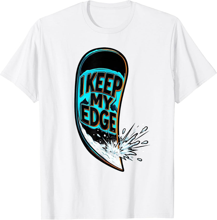 Men's I Keep My Edge Cartoon Snowboard Winter Sports Humor T-Shirt - White