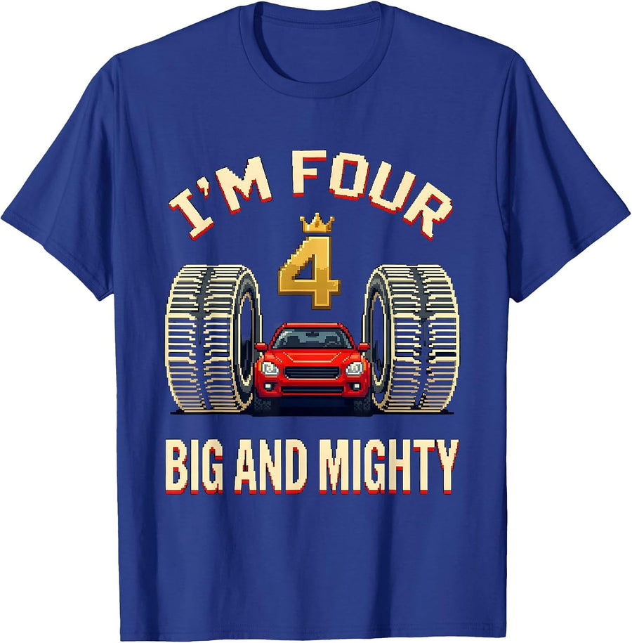 I'm Four Big And Mighty Pixel Art Monster Truck Birthday Boy T-Shirt - Royal Blue