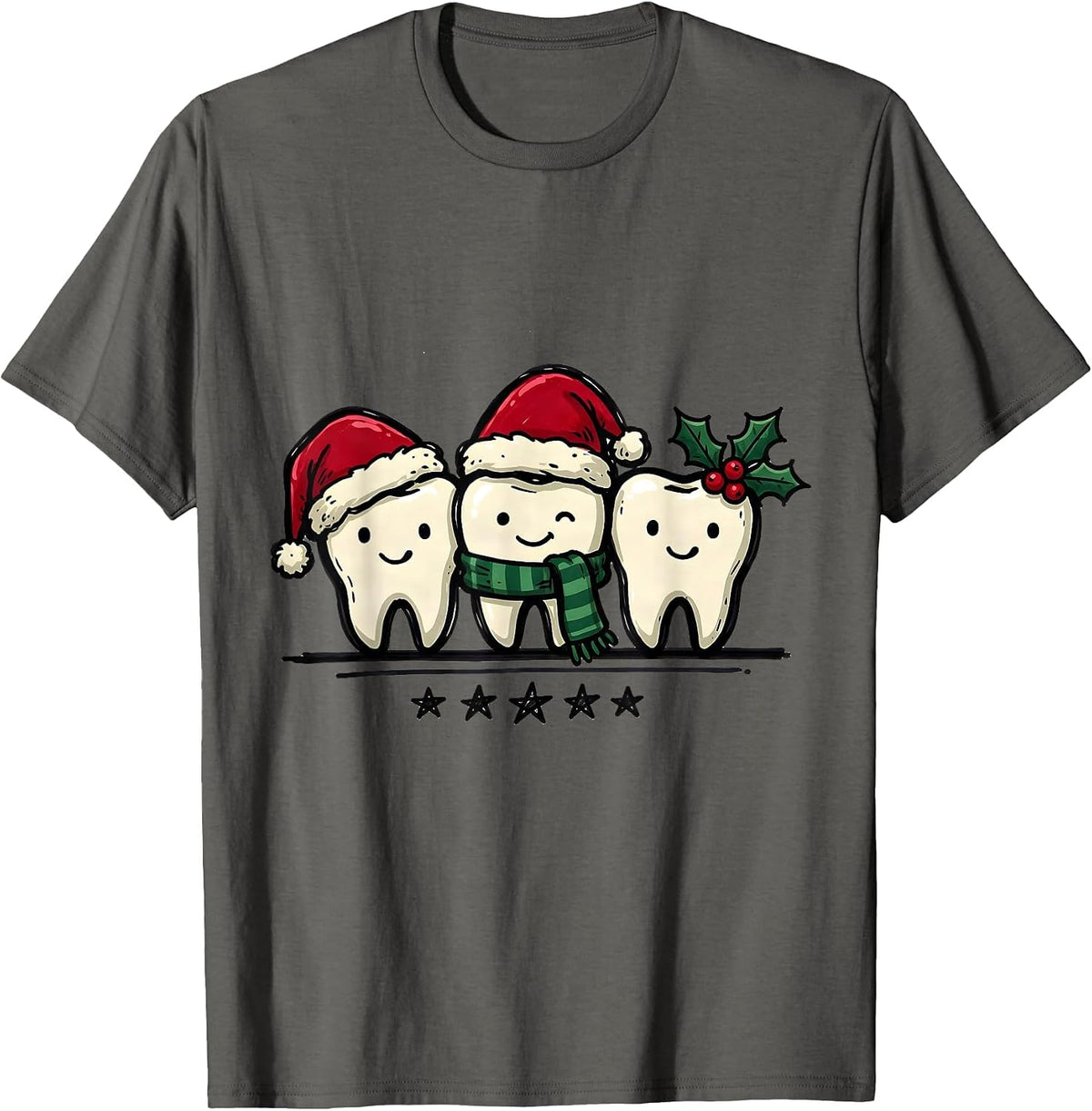 Men's Three Teeth Dental Christmas Staff Humor Crew T-Shirt - Asphalt Grey
