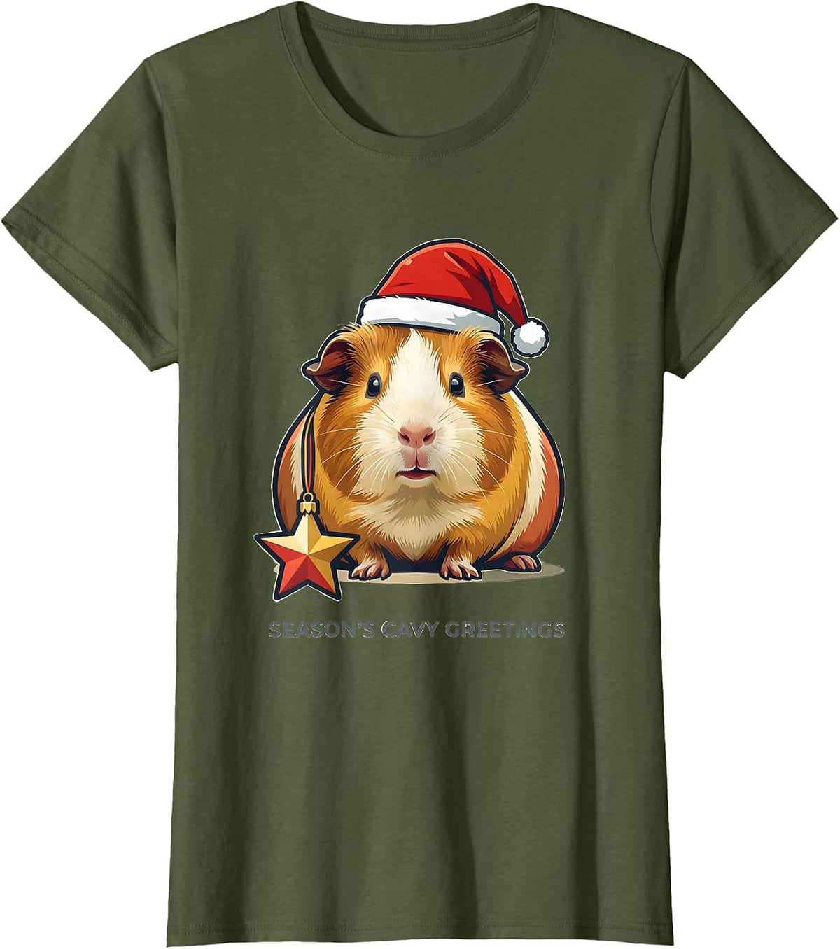 Women's Season's Cavy Greetings Whimsical Guinea Pig Christmas Santa T-Shirt - Olive Green