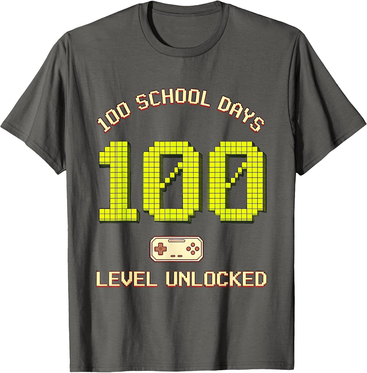 100 School Days Level Unlocked Pixel Art Gamer Milestone T-Shirt - Asphalt Grey