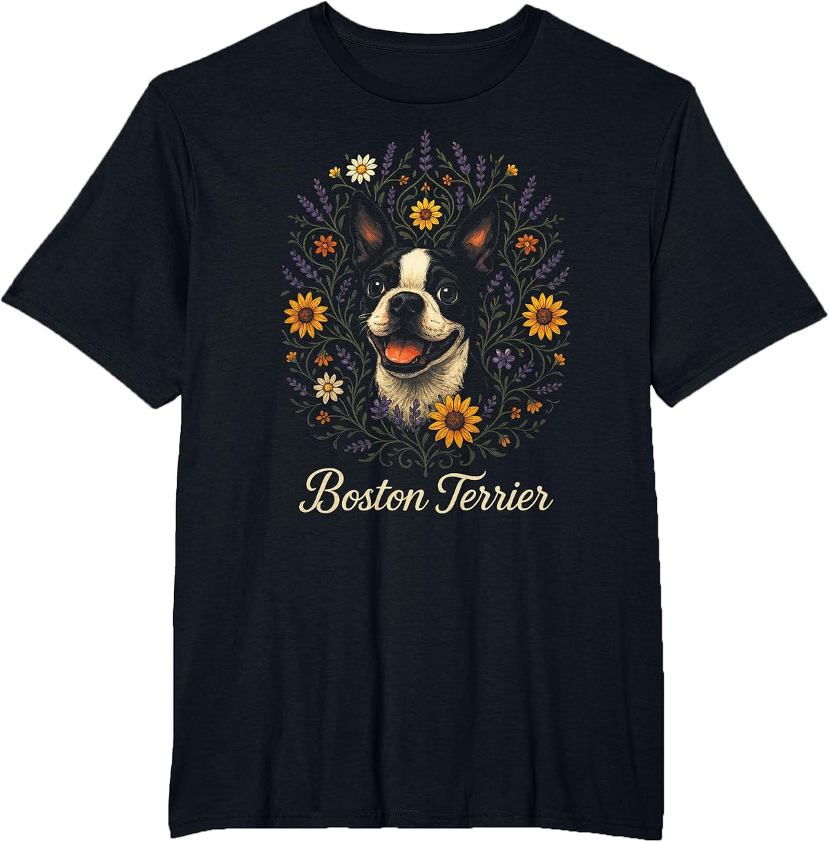 Boston Terrier - Cute Dog Flower Heart Design T-Shirt - Black