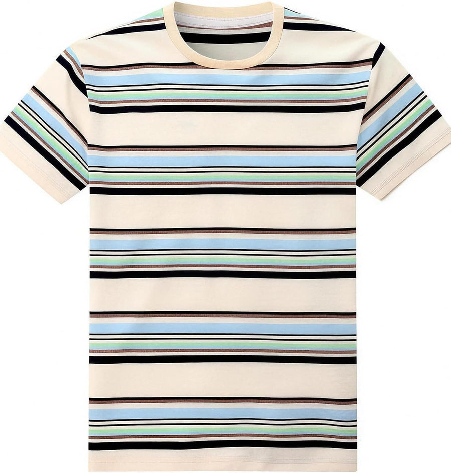 Funny World Men's Cotton Striped T-Shirt Crew Neck Short Sleeves Basic Casual Top - 301 Beige