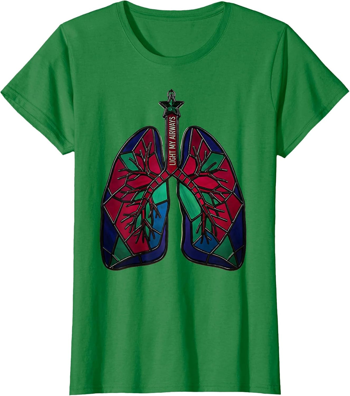 Women's Light My Airways Stained Glass Mosaic Respiratory Therapist T-Shirt - Kelly Green